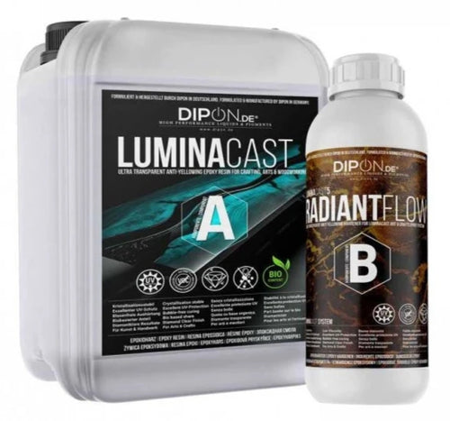DIPON LuminaCast 5 Radiant Flow clear epoxy resin container

Clear epoxy resin poured into silicone mold

Resin art piece made with LuminaCast 5 epoxy

Crystal-clear epoxy resin surface detail