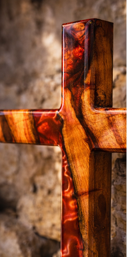 Handcrafted wooden cross with red resin inlay, polished finish
