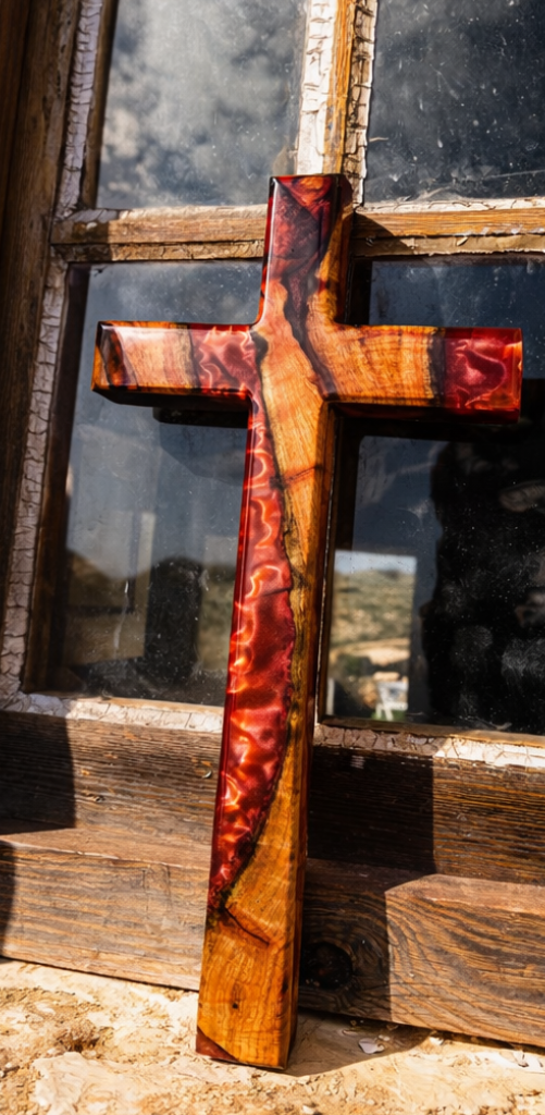 Handcrafted wooden cross with red resin inlay, polished finish
