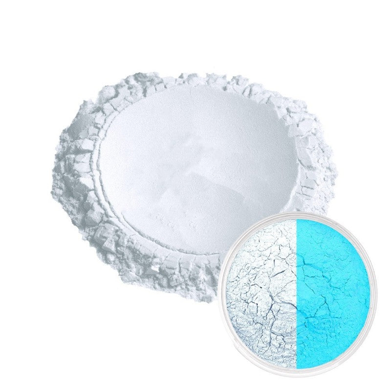 Glow in the dark white to aqua blue epoxy resin pigment powder for resin art, jewelry, crafts, and casting projects