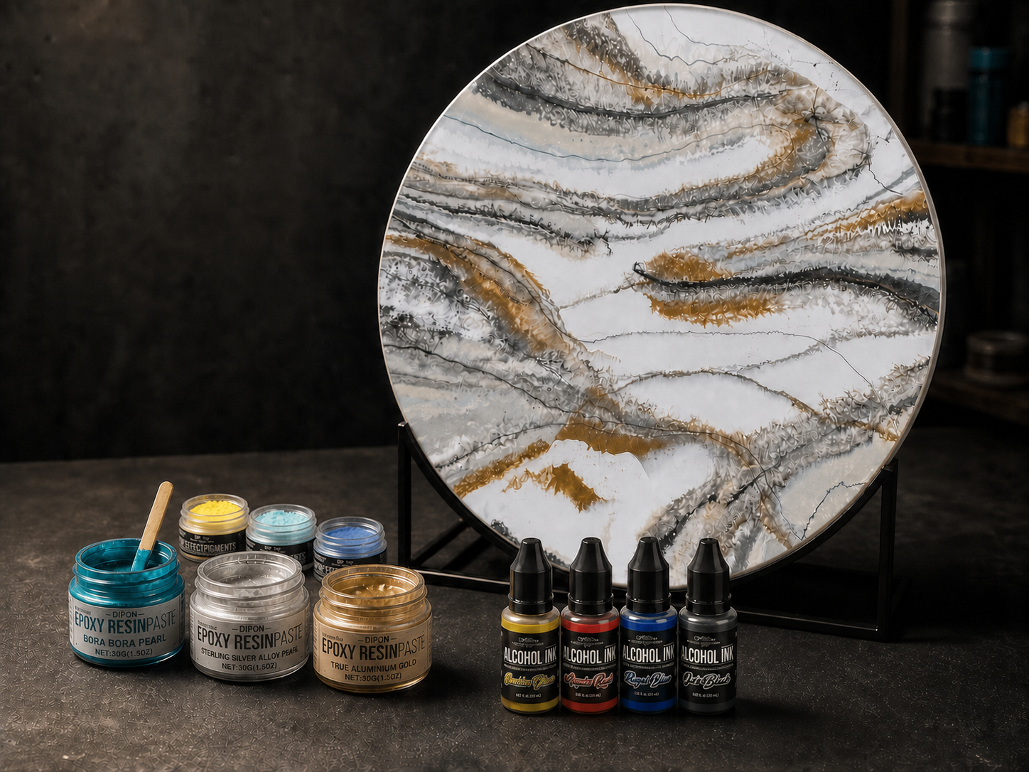 DIPON resin pastes, pigments and alcohol inks with finished resin artwork
