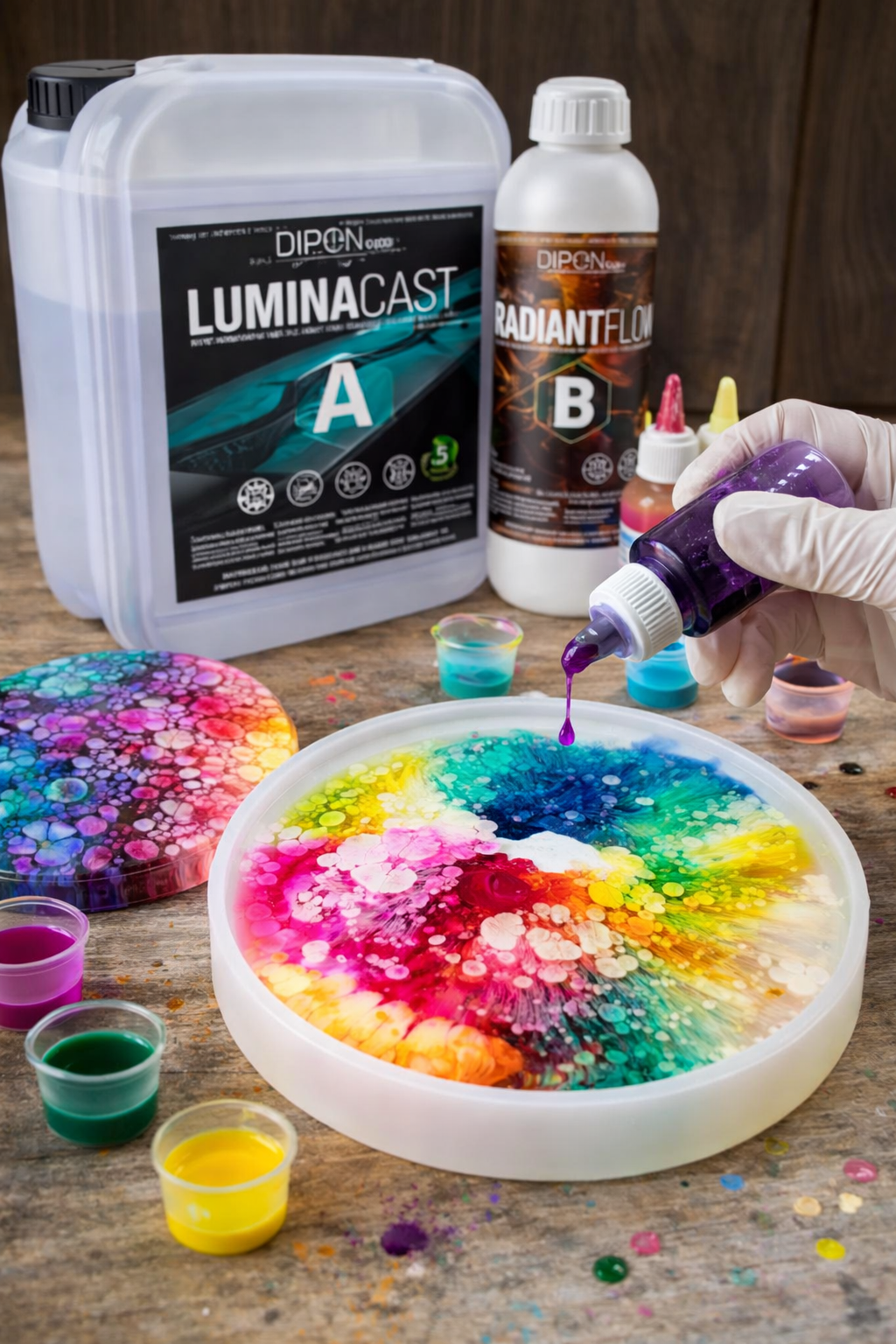 DIPON LuminaCast 5 Radiant Flow clear epoxy resin container

Clear epoxy resin poured into silicone mold

Resin art piece made with LuminaCast 5 epoxy

Crystal-clear epoxy resin surface detail