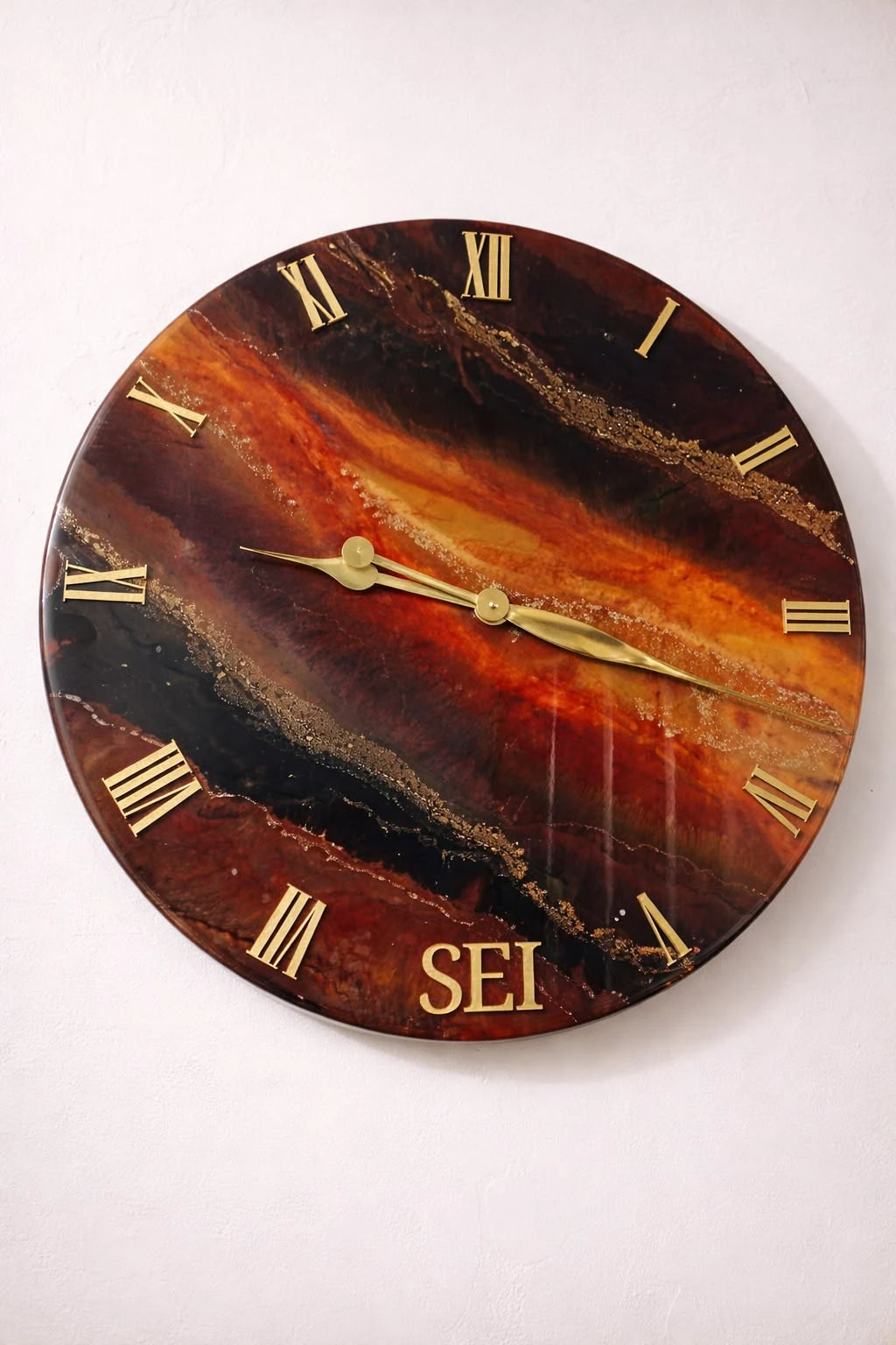Original EltoBert amber, black and gold resin clock with personalised SEI lettering
