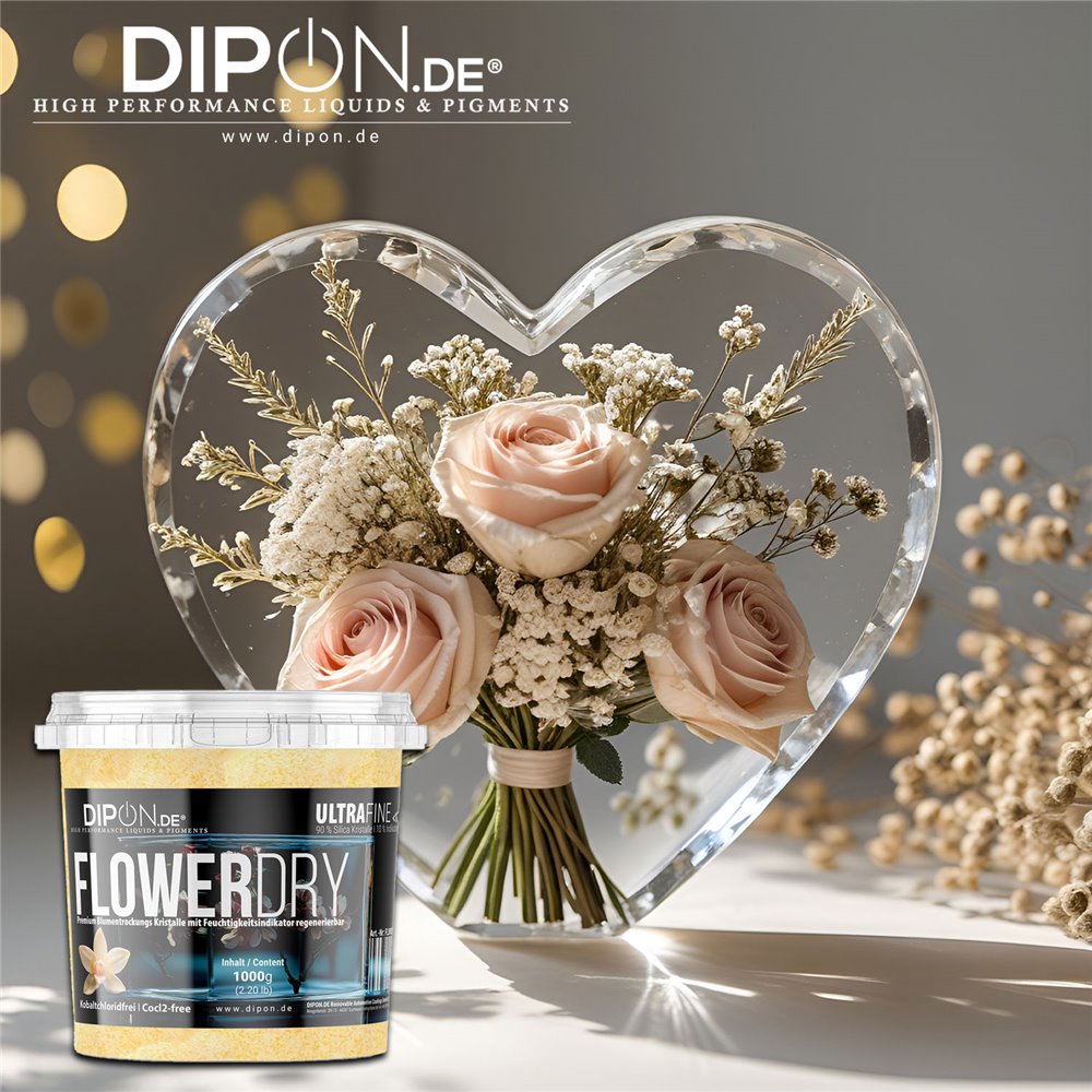 DIPON FlowerDry flower drying crystals for preserving wedding flowers, bouquets, and floral arrangements in epoxy resin casting