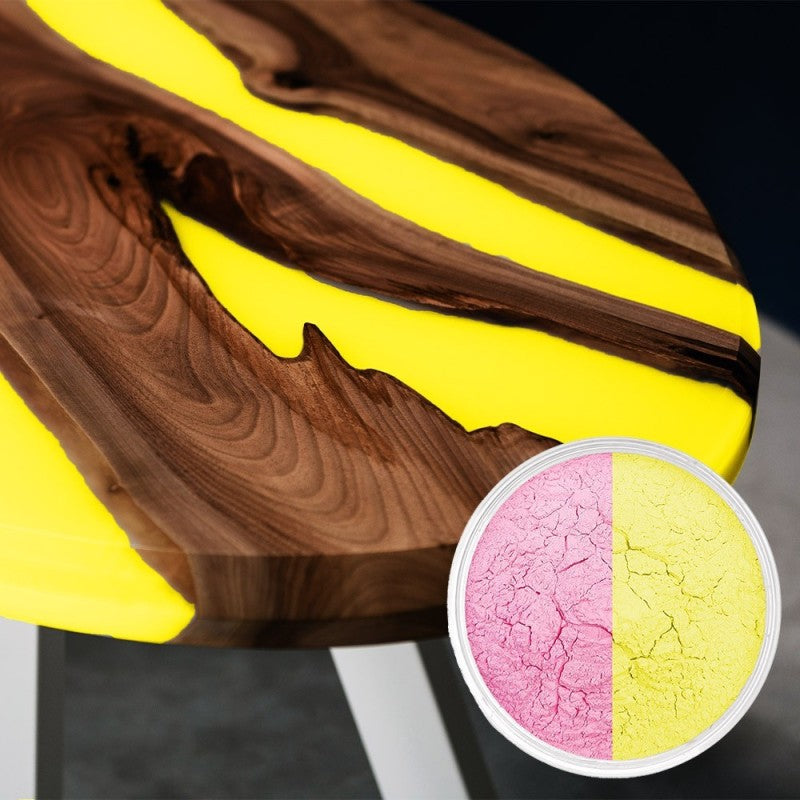 Glow yellow epoxy resin pigment powder for live edge wood tables, resin art, and casting projects